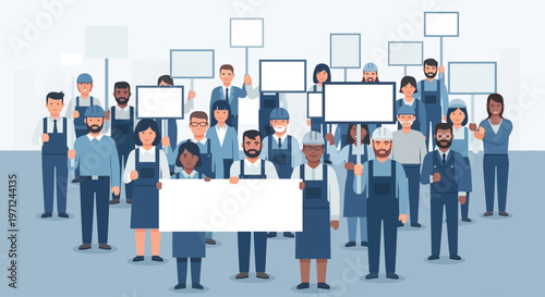 A flat design illustration showing diverse workers engaged in a peaceful demonstration, holding signs to represent advocacy and collective voice on International Workers' Day.