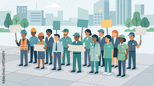 A flat design illustration showing diverse workers engaged in a peaceful demonstration, holding signs to represent advocacy and collective voice on International Workers' Day.