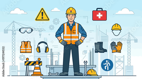 This flat design illustration features a construction worker with safety gear surrounded by safety icons, emphasizing the critical importance of workplace safety and health