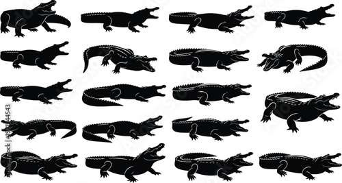 Alligator silhouettes set, crocodile poses collection, reptile vector black icons, wildlife animal shapes isolated, swamp predator illustration pack design bundle