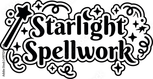 Black and white star magic wand with starlight spellwork lettering and sparkles vector art