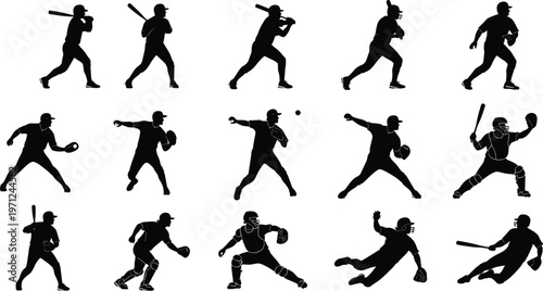 Baseball, player, silhouettes, set, featuring, action, poses, of, hitting, pitching, catching, and, sliding, isolated, on, white, background, vector, illustration, design.