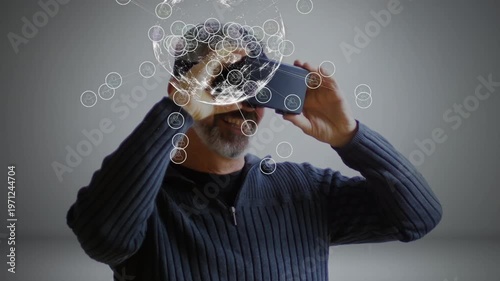 Animation of globe with connections over caucasian senior man wearing vr headset