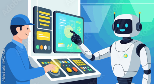 A flat design illustration showcasing a human worker and a robot collaborating at a control panel, symbolizing the seamless integration of technology and human labor for International Workers' Day.
