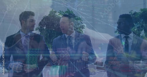 Animation of connections and data processing over diverse businessmen