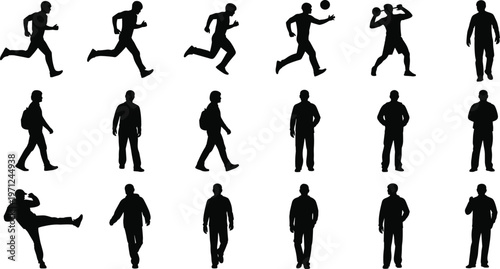 vBlack silhouette collection of human actions, running walking standing kicking throwing ball, diverse male poses isolated, vector style illustration setvvvvvvvvvvvvv