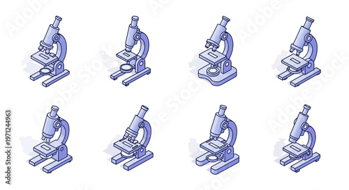 Illustrated scientific equipment featuring microscopes in a variety of poses and angles for research