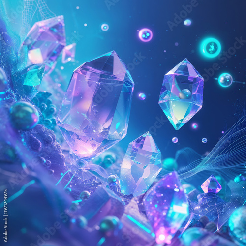 Blue crystals with floating bubbles in a sparkling abstract scene, cool fantasy background with soft glow and clean copy space
