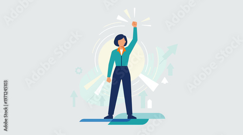A flat design illustration portraying a worker standing strong with a raised arm, symbolizing individual and collective empowerment and strength for International Workers' Day.
