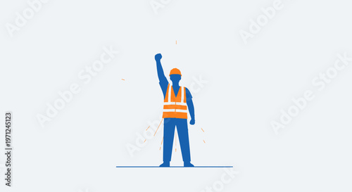 A flat design illustration portraying a worker standing strong with a raised arm, symbolizing individual and collective empowerment and strength for International Workers' Day.