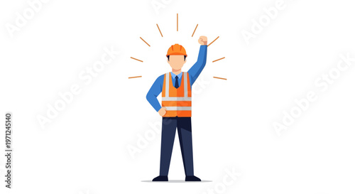 A flat design illustration portraying a worker standing strong with a raised arm, symbolizing individual and collective empowerment and strength for International Workers' Day.