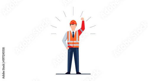 A flat design illustration portraying a worker standing strong with a raised arm, symbolizing individual and collective empowerment and strength for International Workers' Day.