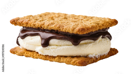 Φωτογραφία Crispy cookie sandwich with vanilla ice cream and dark chocolate drizzle