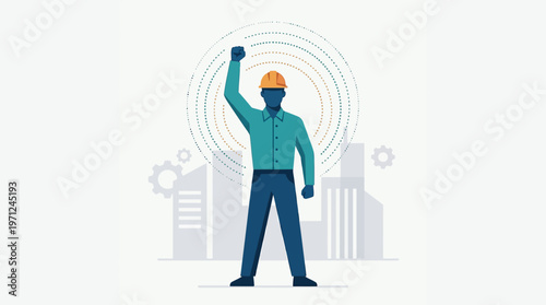 A flat design illustration portraying a worker standing strong with a raised arm, symbolizing individual and collective empowerment and strength for International Workers' Day.