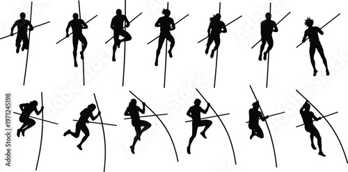 Black silhouettes of pole vault athletes jumping over the bar during a track and field sports competition, vector illustration set