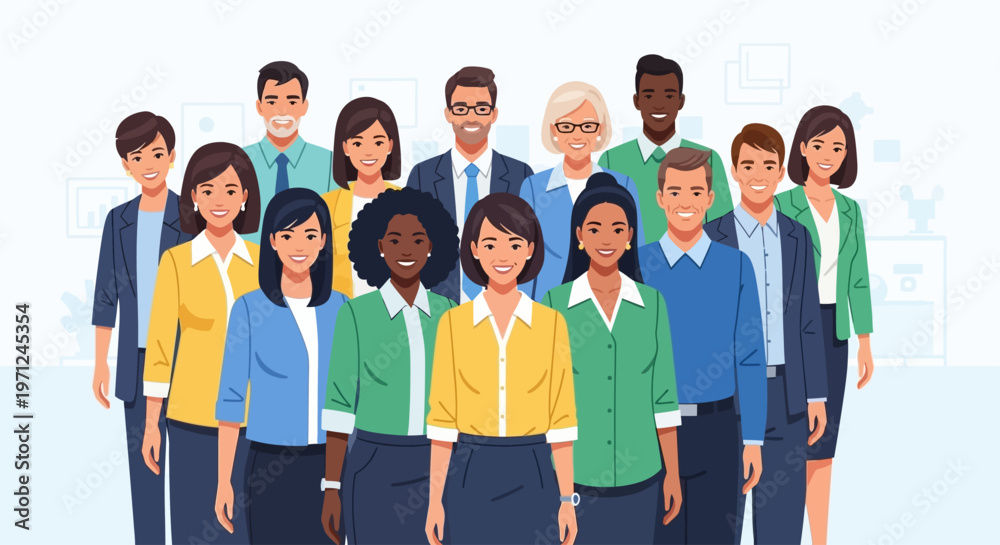 Obraz premium This flat design illustration captures a diverse group of smiling professionals, highlighting the importance of diversity and inclusion within the workforce on International Workers' Day.