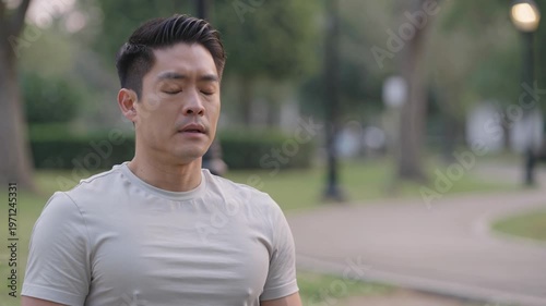 Anxious Asian Man Breathing Deep Outdoors, Finding Relief and Smiling at Camera.