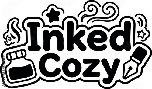 Inked cozy text with ink bottle pen nib and swirl stars vector art black and white