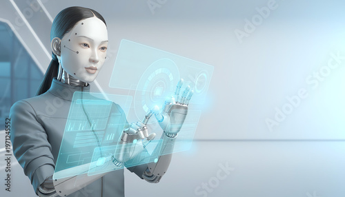 A futuristic humanoid robot interacts with a transparent digital interface, showcasing advanced technology and artificial intelligence in a sleek, modern environment.