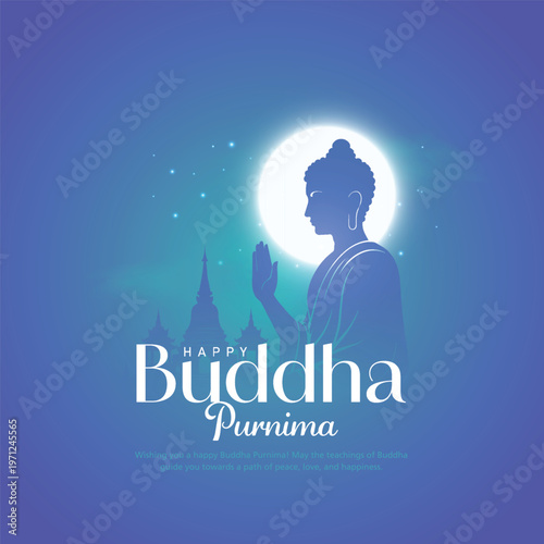 Happy Vesak Day, Buddha Purnima wishes greetings with silhouette of buddha. Creative vector illustration design.