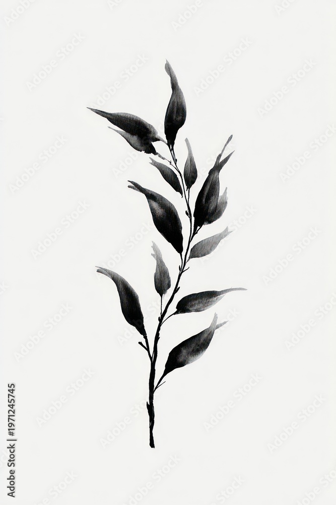 Fototapeta premium Minimalist black ink leaf illustration.