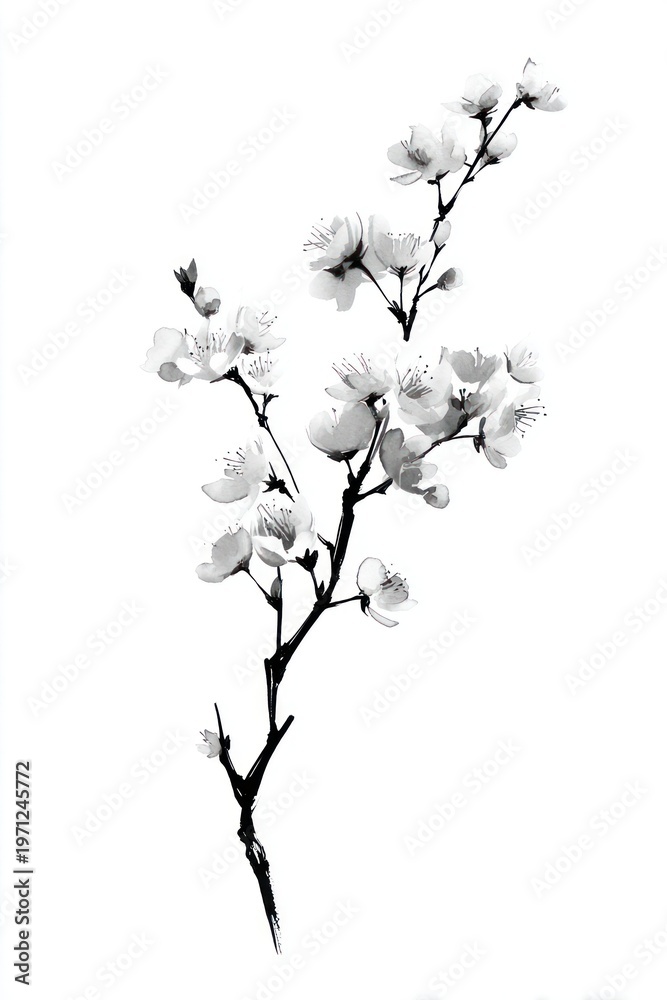 Fototapeta premium Elegant monochrome cherry blossom illustration.