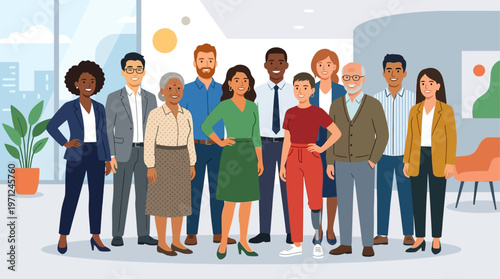 This flat design illustration captures a diverse group of smiling professionals, highlighting the importance of diversity and inclusion within the workforce on International Workers' Day.