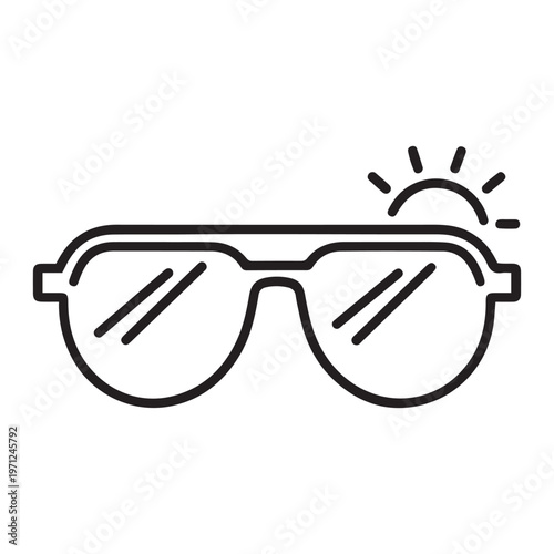 Summer Sunglasses with Sun Rays Icon - UV Protection Eyewear and Beach Travel Vacation Vector Line Art Illustration