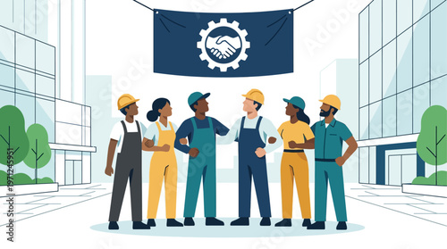 A flat design illustration depicting a group of workers united under a stylized banner with an organization logo, symbolizing the power of worker unions and collective organization