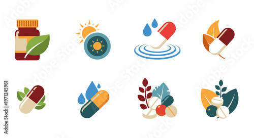 Colorful pills and capsules icons set.