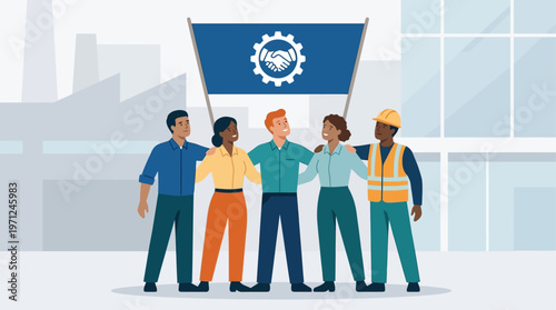 A flat design illustration depicting a group of workers united under a stylized banner with an organization logo, symbolizing the power of worker unions and collective organization