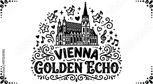 Black and white vector art vienna golden echo cathedral surrounded by music notes and hearts