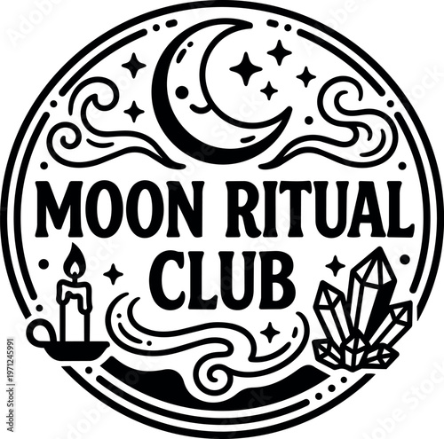 Moon ritual club circle black and white vector art with candle and crystals