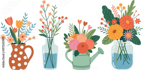 Vector illustration: spring flower bouquets in containers; a polka dot pitcher, glass vases, and a watering can, for home decor.