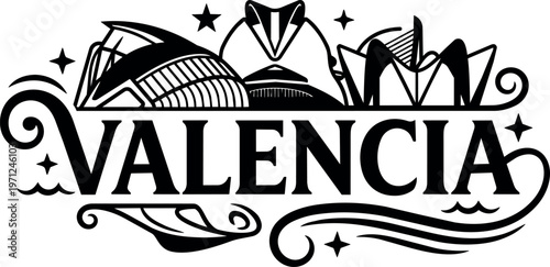 Valencia skyline black and white vector art with ornamental swirls and stars