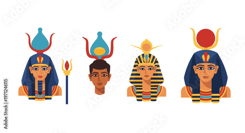 Egyptian pharaohs and gods heads icons.