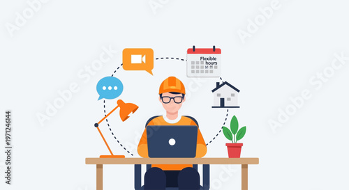 This flat design illustration shows a worker at a desk with elements like video calls and a plant, representing the future of work, including remote and flexible arrangements