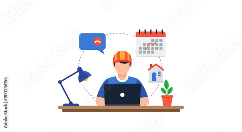 This flat design illustration shows a worker at a desk with elements like video calls and a plant, representing the future of work, including remote and flexible arrangements