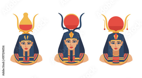 Egyptian queens with ornate headdresses sitting.