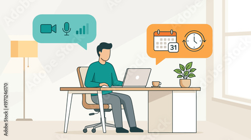 This flat design illustration shows a worker at a desk with elements like video calls and a plant, representing the future of work, including remote and flexible arrangements