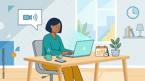 This flat design illustration shows a worker at a desk with elements like video calls and a plant, representing the future of work, including remote and flexible arrangements