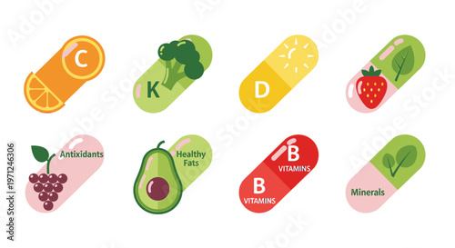 Vitamin pills with fruit images on them.