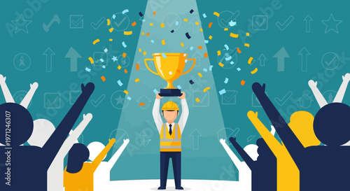 A flat design illustration depicting a worker proudly holding a trophy amidst confetti and cheering figures, symbolizing the celebration of worker achievements and recognition