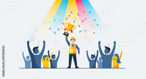 A flat design illustration depicting a worker proudly holding a trophy amidst confetti and cheering figures, symbolizing the celebration of worker achievements and recognition