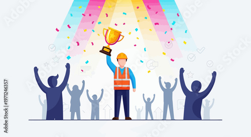 A flat design illustration depicting a worker proudly holding a trophy amidst confetti and cheering figures, symbolizing the celebration of worker achievements and recognition