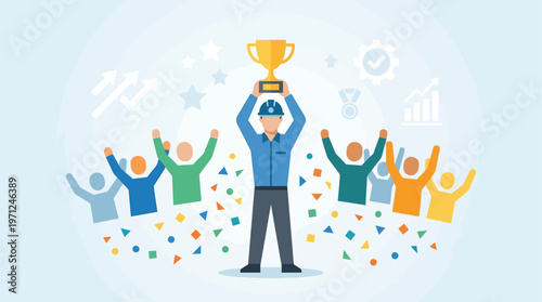 A flat design illustration depicting a worker proudly holding a trophy amidst confetti and cheering figures, symbolizing the celebration of worker achievements and recognition