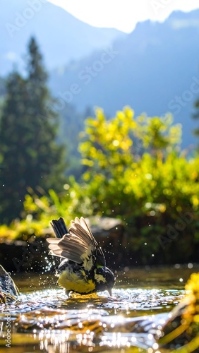 Great Tit Bird Bathing in a Mountain Stream.