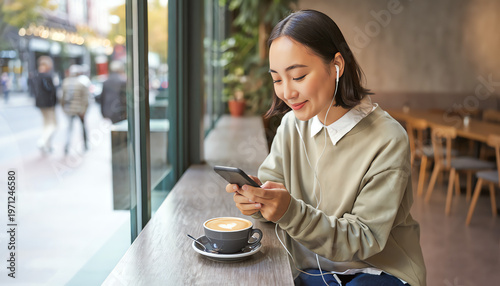 A young woman enjoys coffee at a cafe while listening to music and using her smartphone, sitting by a large window with a street view outside.