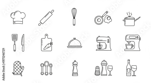 Collection of kitchen utensils and cooking tools for culinary activities and food preparation.