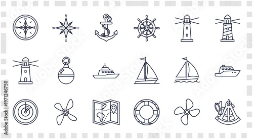 Collection of nautical themed line art illustrations and sketches.